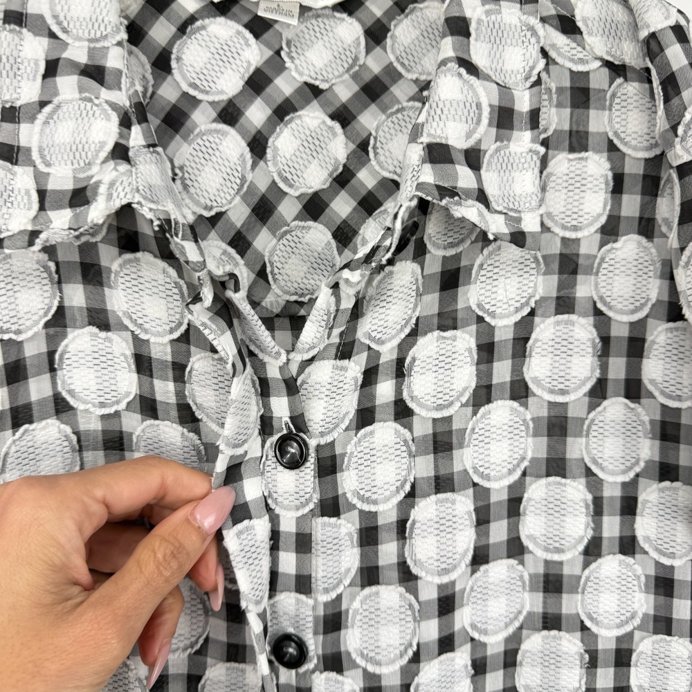 Erin London Blouse Size L Black White Burnout Polka Dot Sheer Button Up Pockets - Picture 6 of 9